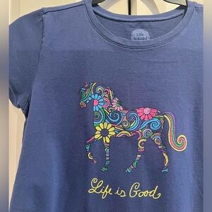 LIFE IS GOOD 🐴 Girls Navy Blue Short Sleeve T with Colorful Horse Design